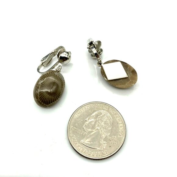 Petoskey Stone Fossil Earrings, Polished Oval Cabochon in Silver Tone Clip Ons, - Picture 5 of 5